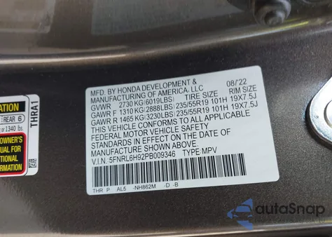 2023 Honda Odyssey Elite из США, поврежденный, VIN 5FNRL6H92PB009346